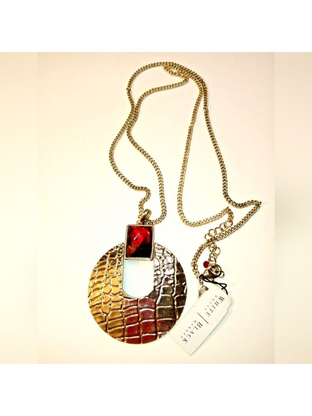 White House Black Market Long Gold Tone and Red Pendant Necklace NWT